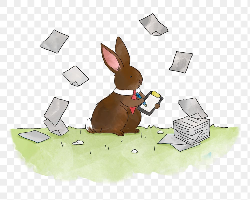 PNG Busy bunny rabbit signing documents, illustration, collage element, transparent background