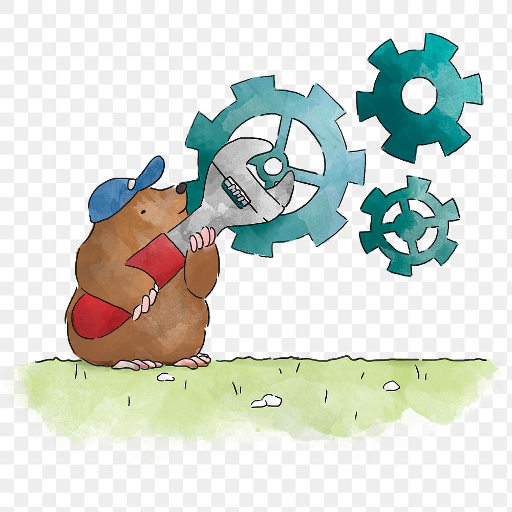 PNG Handyman mole screwing on a gear, illustration, collage element, transparent background
