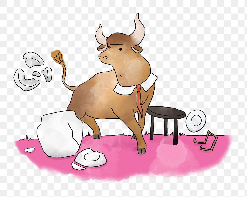 PNG Stressed bull making a mess, illustration, collage element, transparent background