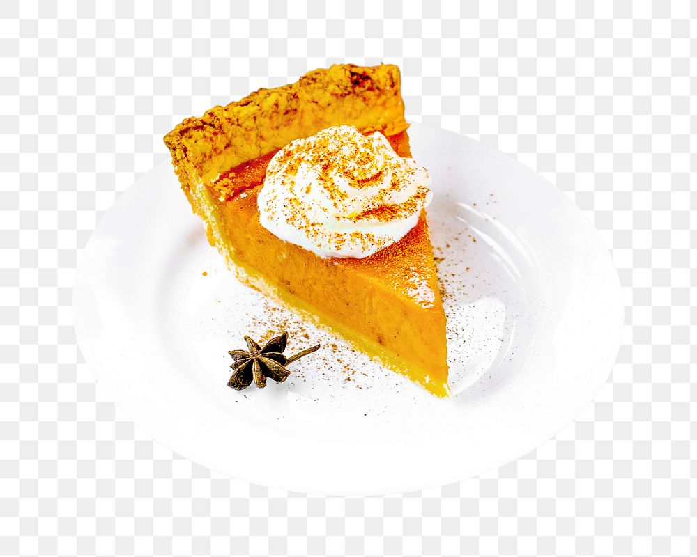 Pumpkin pie slice png dessert, transparent background
