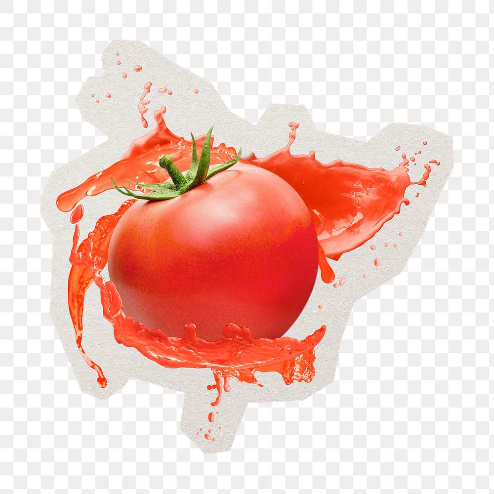 PNG tomato juice splash sticker with white border, transparent background