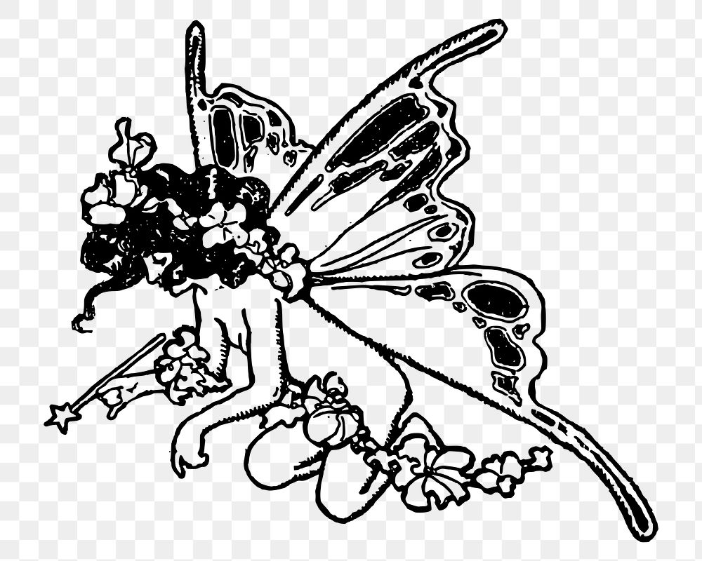 PNG Butterfly fairy black and white vintage  illustration, transparent background. Free public domain CC0 image.