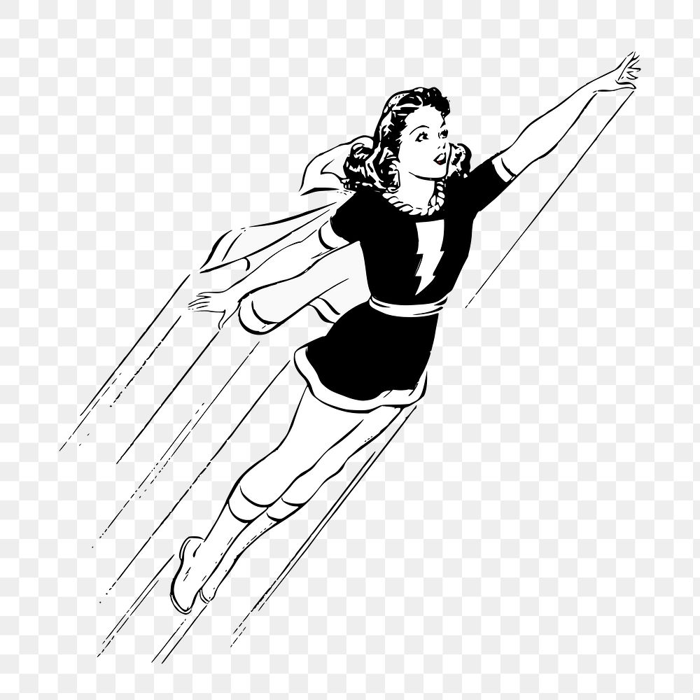 PNG Female superhero flying in the air vintage illustration, transparent background. Free public domain CC0 image.