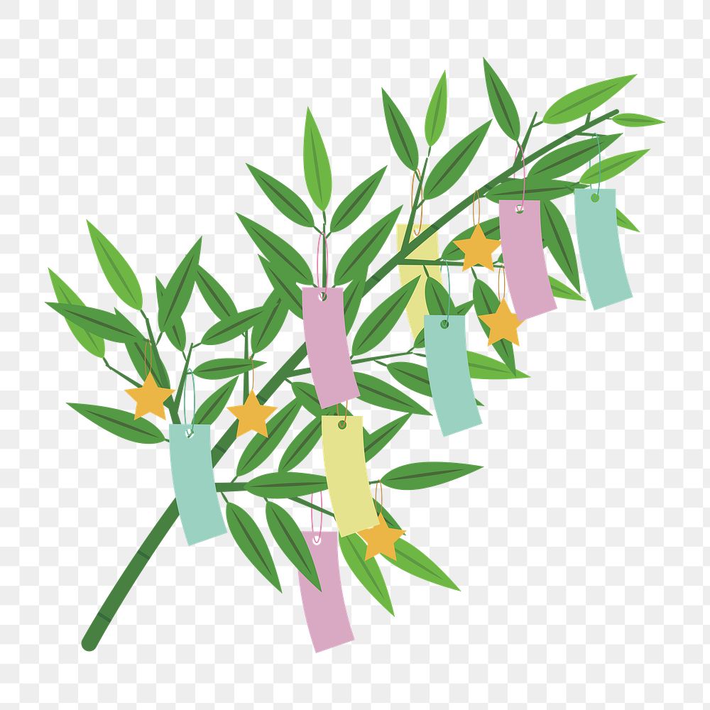 PNG Tanzaku hanging on bamboo, Japanese Tanabata festival sticker, transparent background. Free public domain CC0 image.