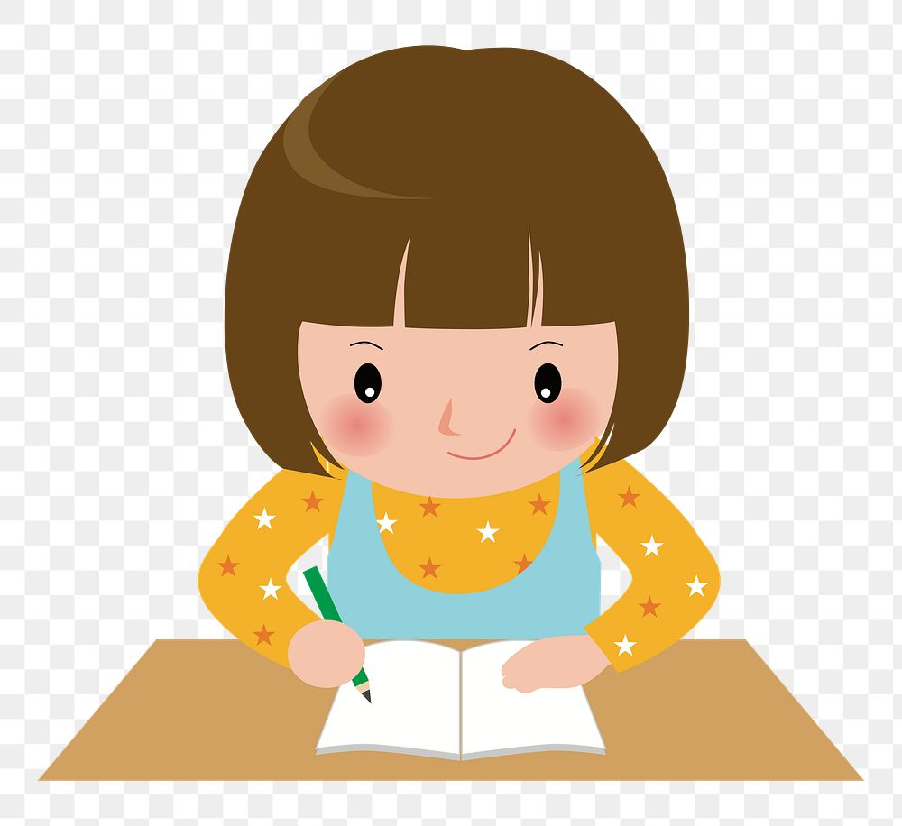 PNG Little girl writing sticker,  transparent background. Free public domain CC0 image.