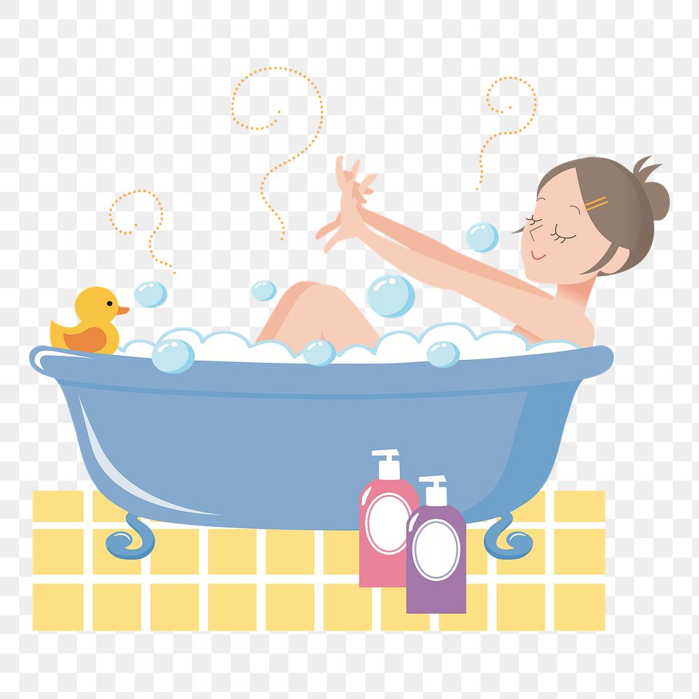 PNG Woman in bathtub cartoon sticker, transparent background. 