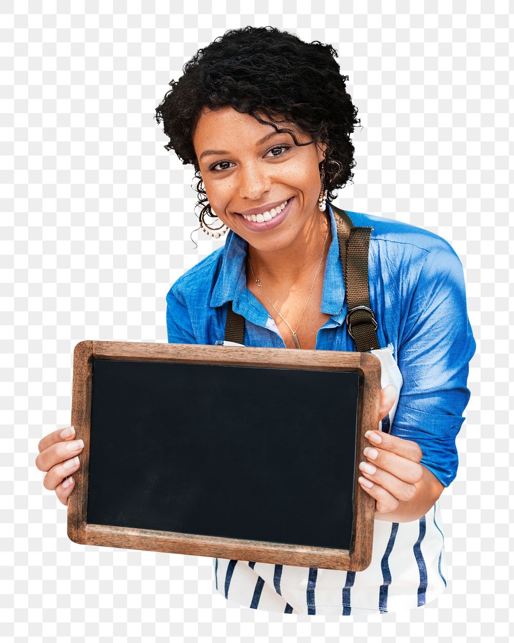 PNG Young woman with blank blackboard, collage element, transparent background