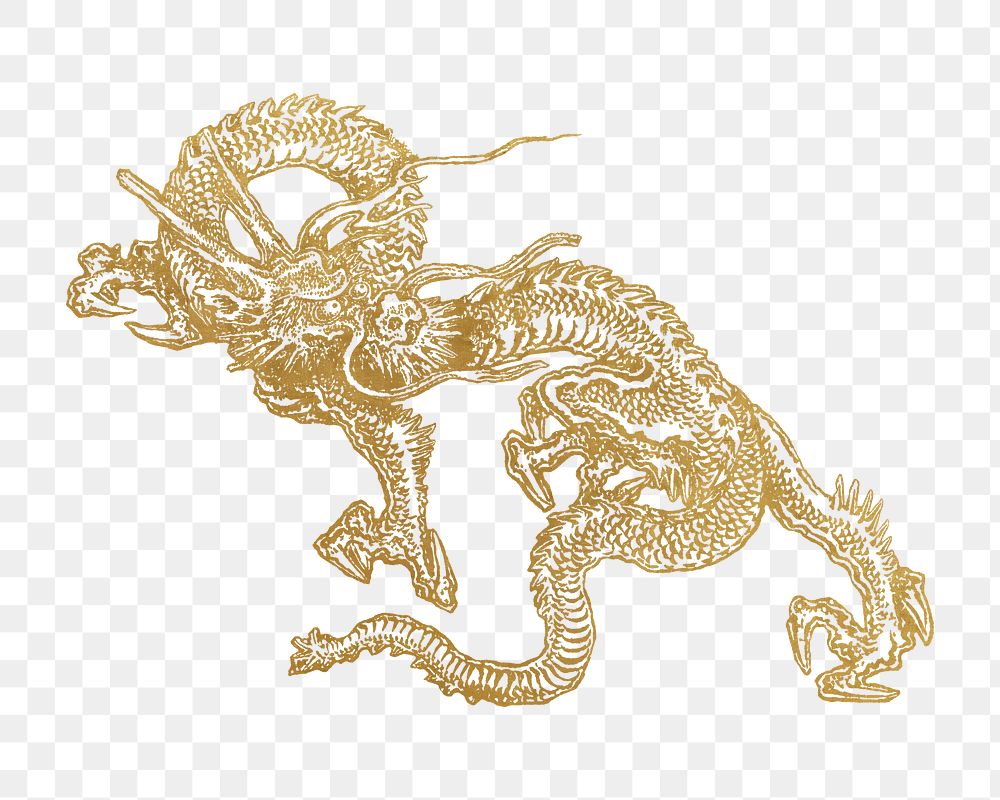 PNG Gold dragon, Japanese mythical creature illustration by Shumboku, transparent background. Remixed by rawpixel.