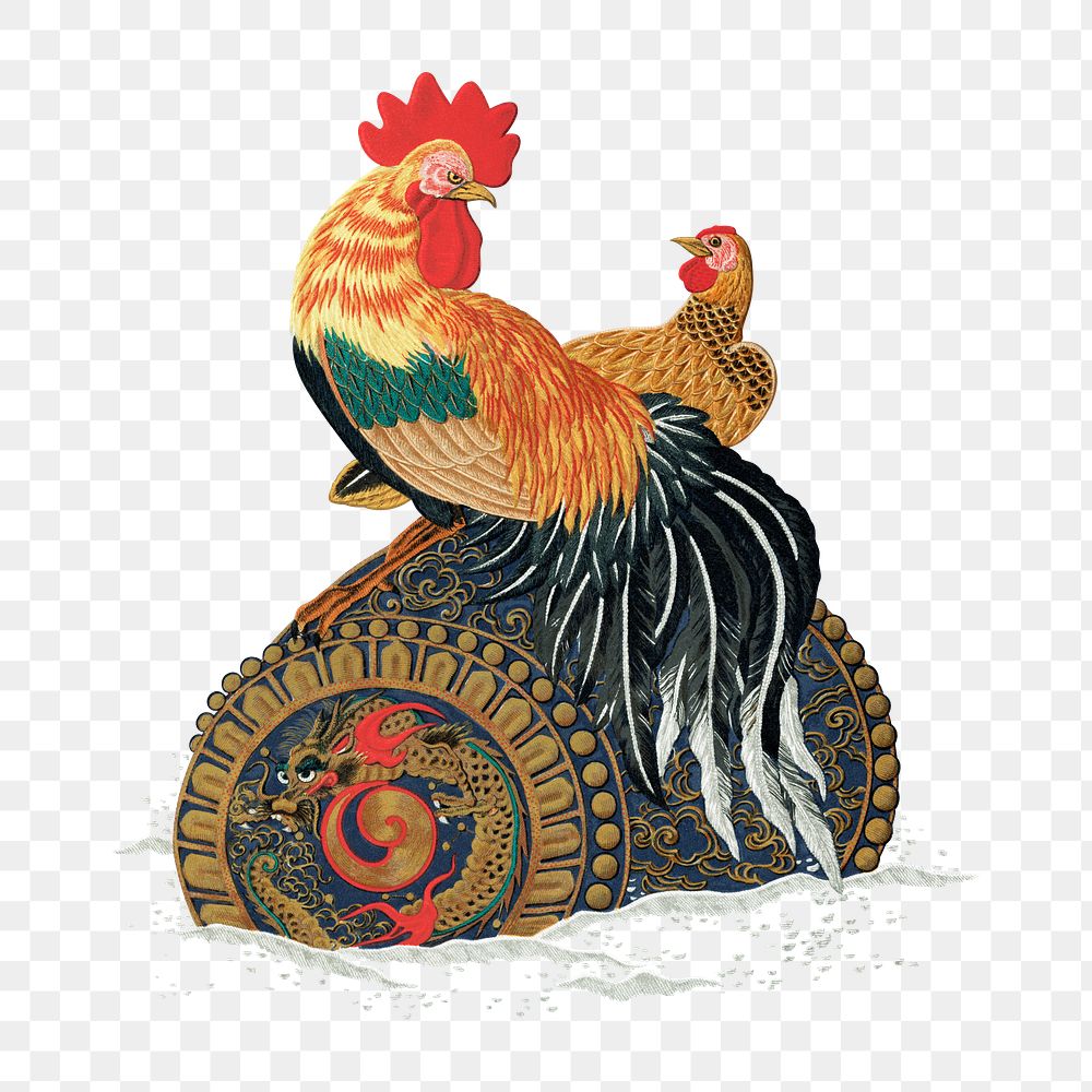 PNG Rooster and hen on floating barrel, vintage painting by G.A. Audsley-Japanese illustration, transparent background.…