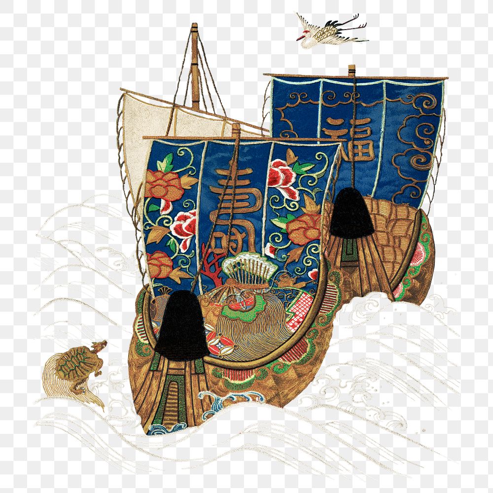 PNG Chinese ship, vintage painting by G.A. Audsley-Japanese illustration, transparent background. Remixed by rawpixel.