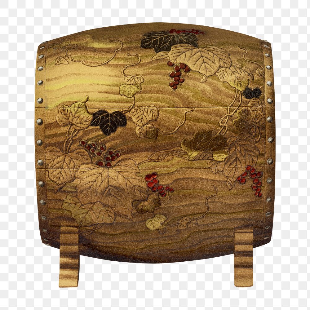 PNG Wooden barrel, by G.A. Audsley-Japanese illustration, transparent background. Remixed by rawpixel.