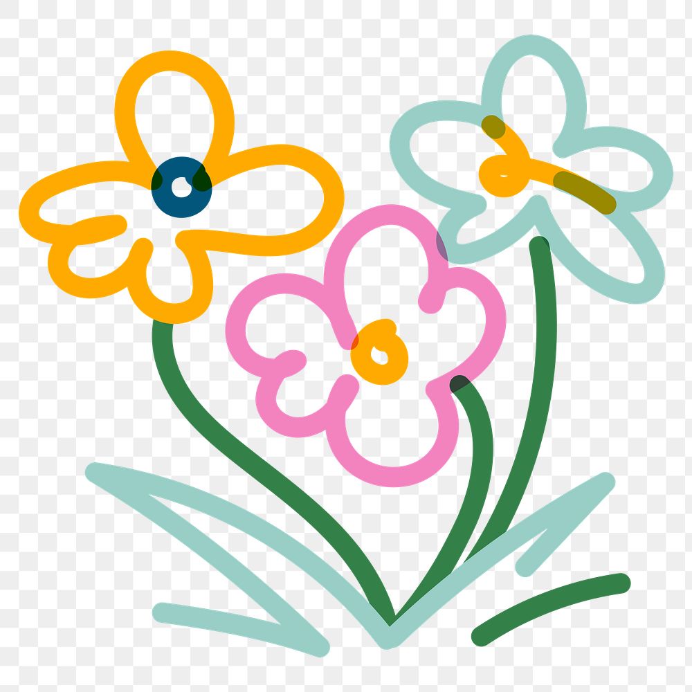 Png flowers doodle line art, transparent background