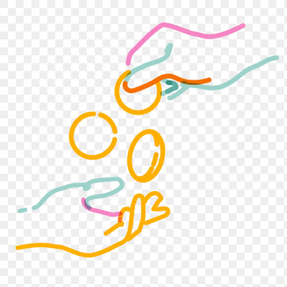 Png hands with coins doodle line art, transparent background