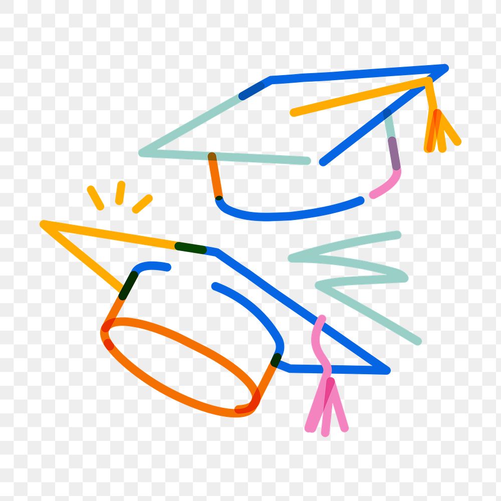 Png graduation hats doodle line art, transparent background