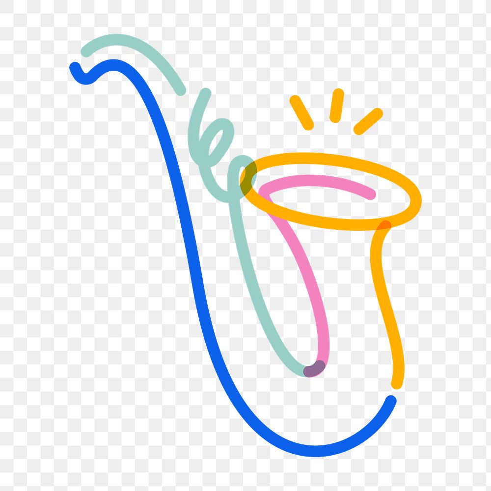 Png colorful saxophone  doodle line art, transparent background