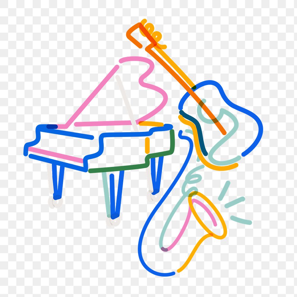 Png music instruments doodle line art, transparent background