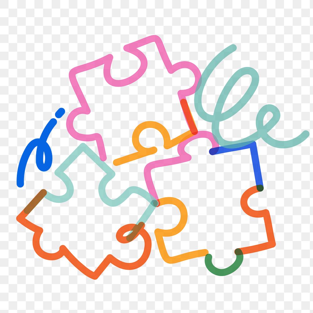 Png puzzle pieces doodle line art, transparent background