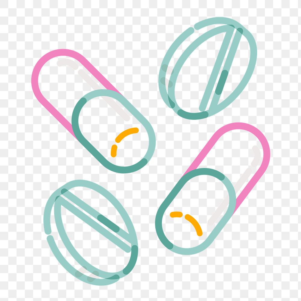 Png pills doodle line art, transparent background
