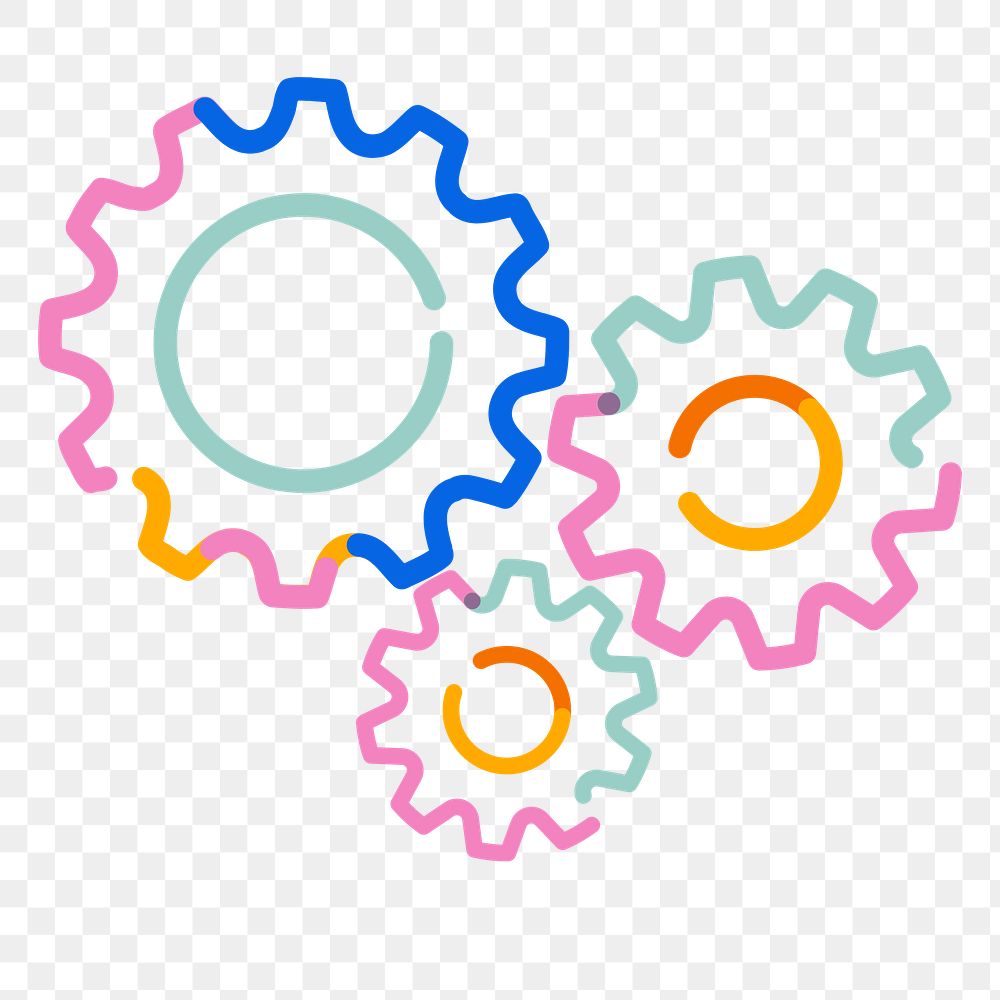 Png gears doodle line art, transparent background