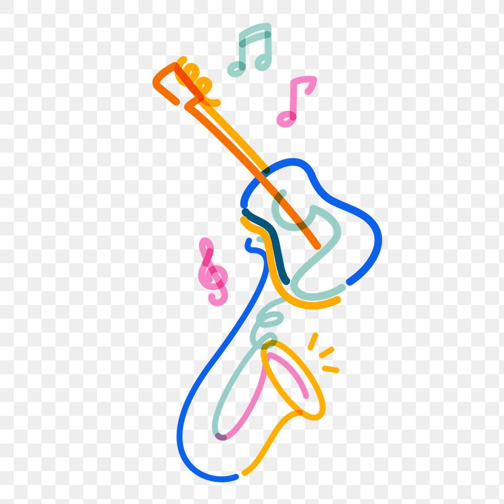 Png music instruments doodle line art, transparent background