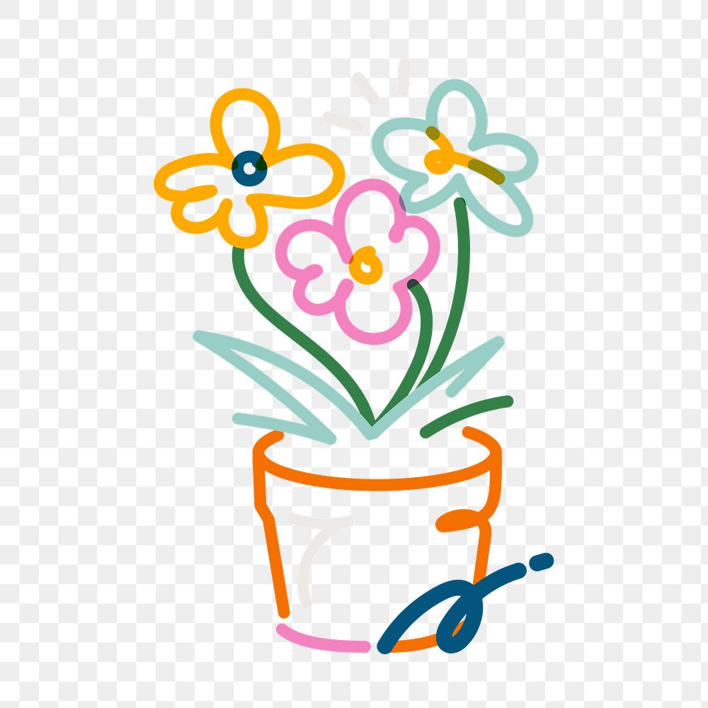 Png potted flower doodle line art, transparent background