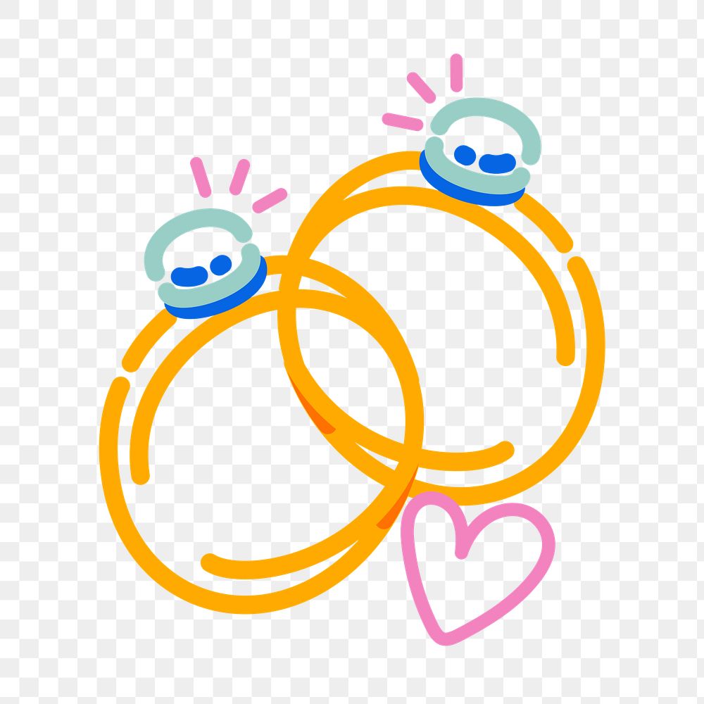 Png wedding rings doodle line art, transparent background