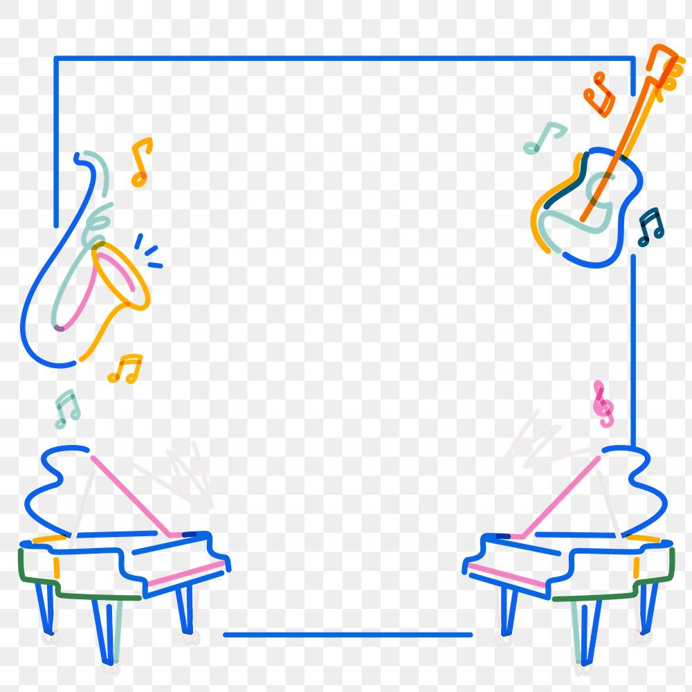 Png musical doodle line art frame, transparent background
