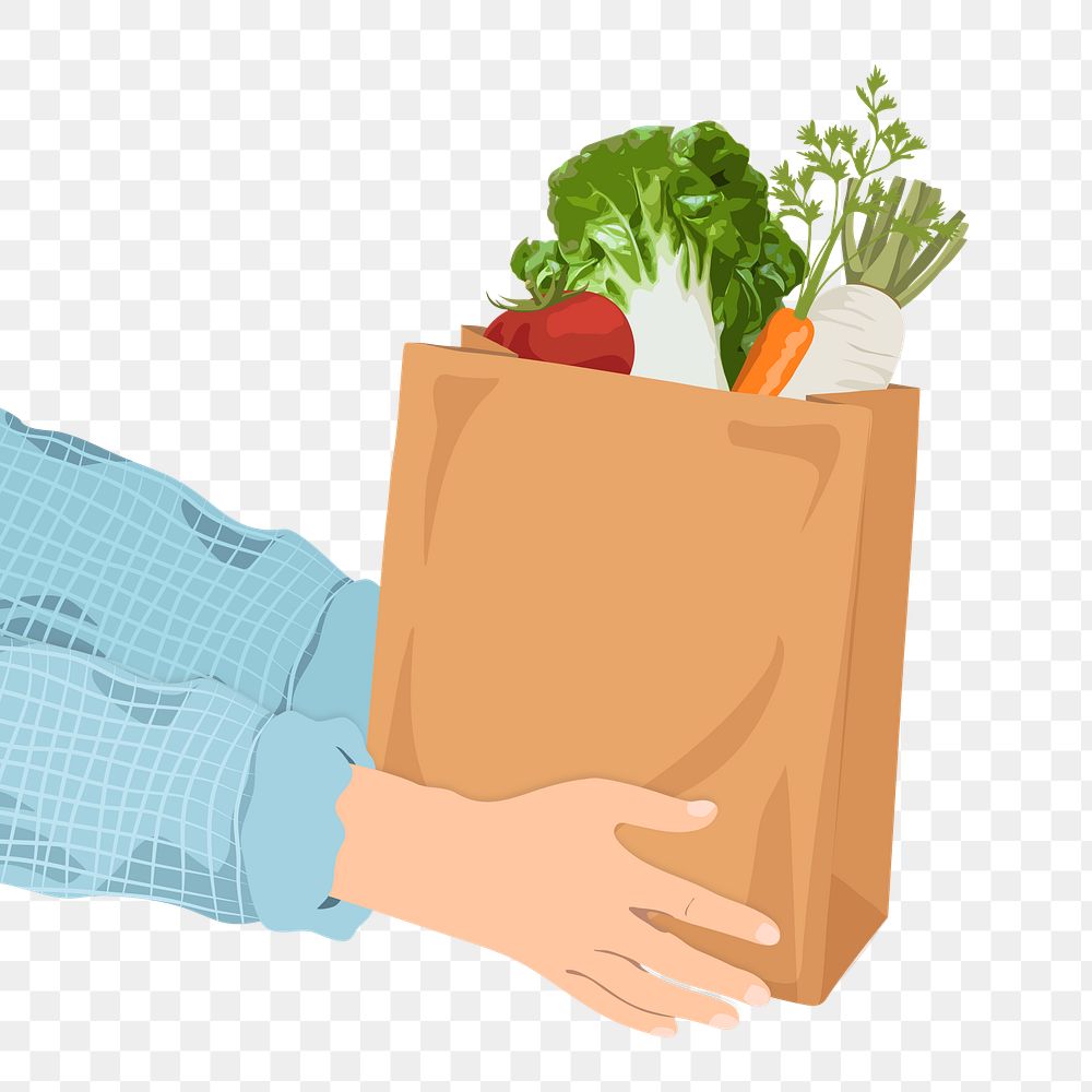 Hand giving png grocery bag illustration, transparent background