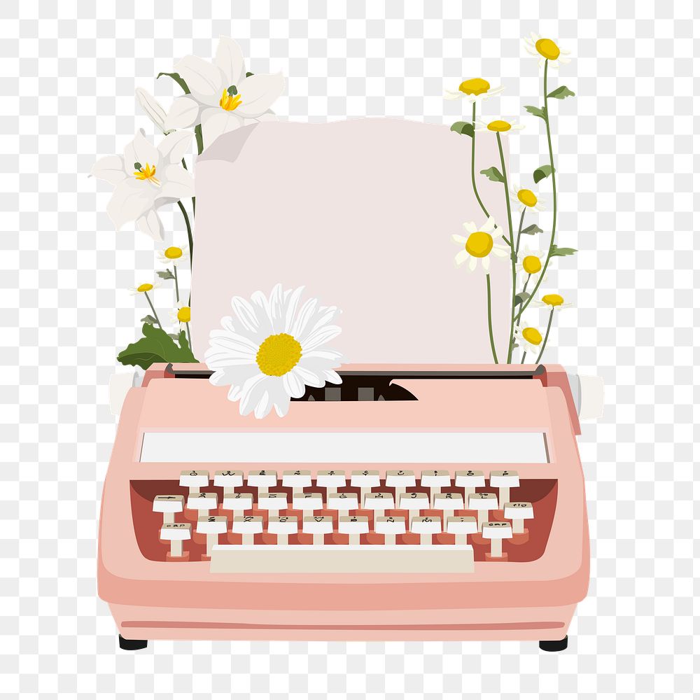 Floral typewriter png aesthetic, transparent background