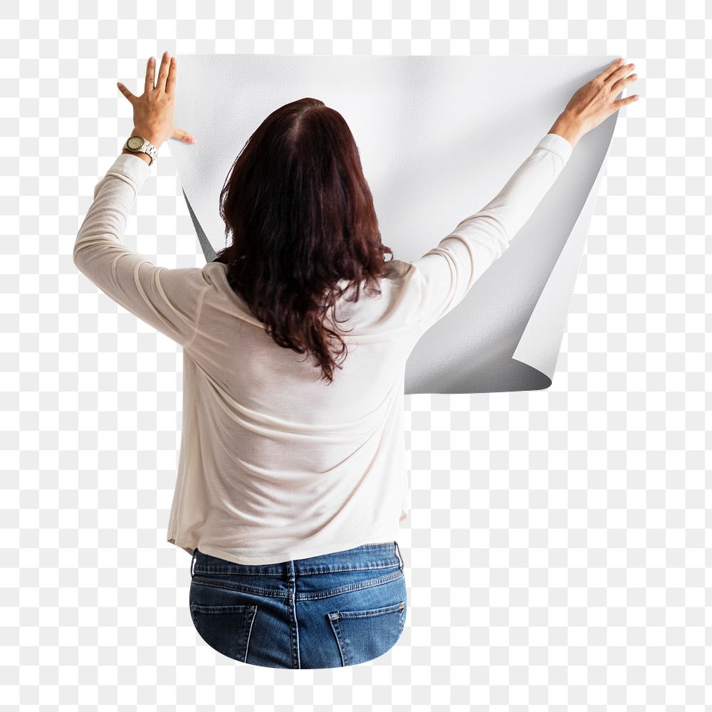 Woman putting poster png, on a wall, transparent background