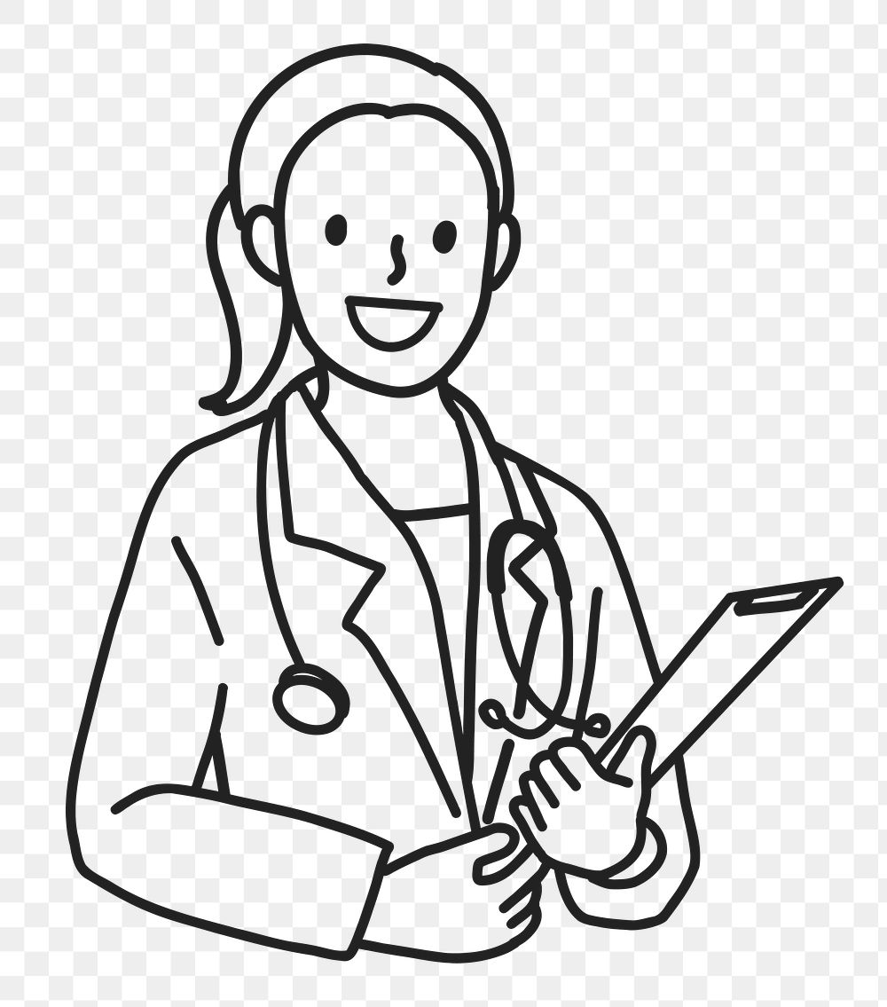 PNG Happy female doctor with stethoscope medical report line art sticker, transparent background