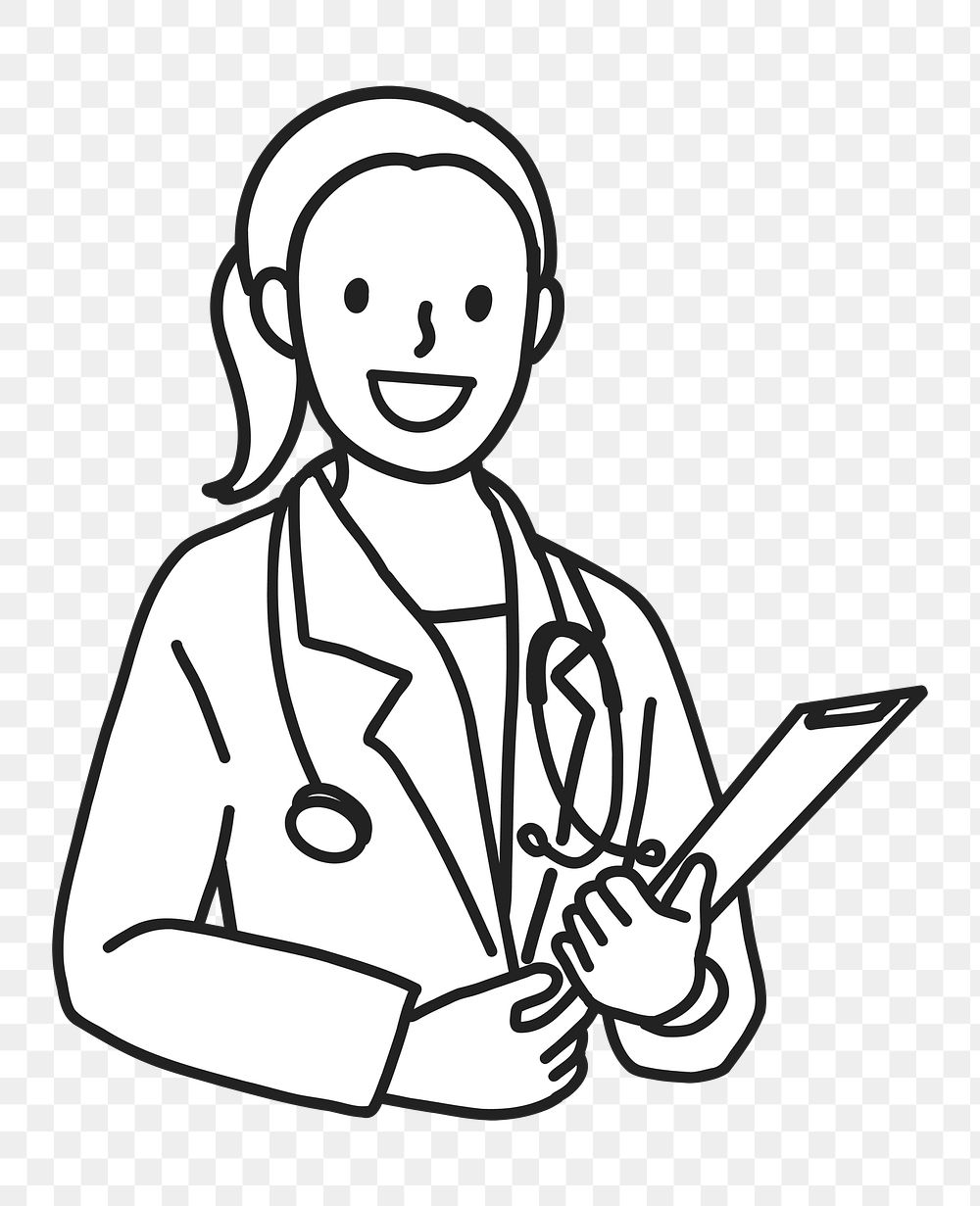 PNG Happy female doctor with stethoscope medical report line art sticker, transparent background