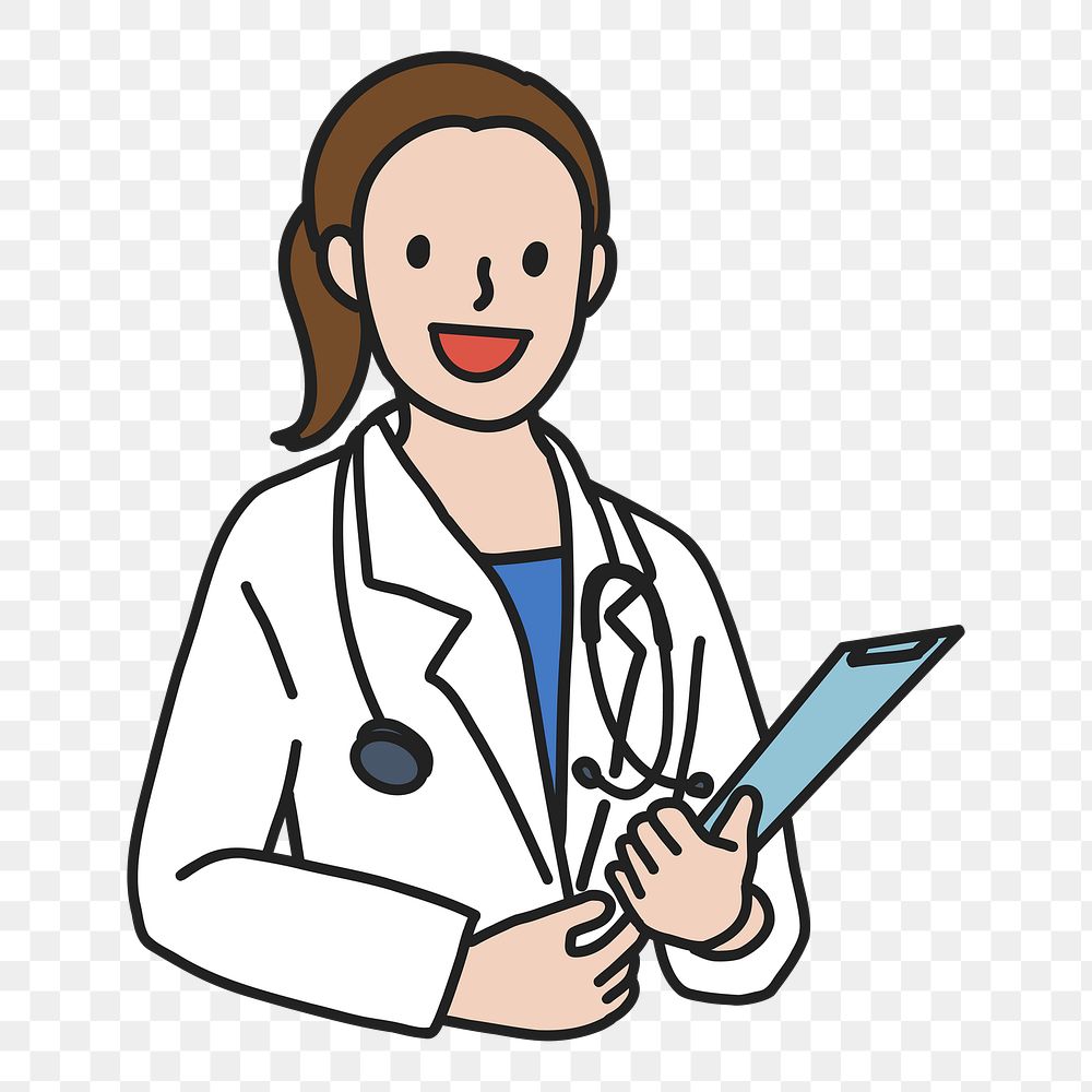 PNG Happy female doctor with stethoscope medical report, collage element, transparent background