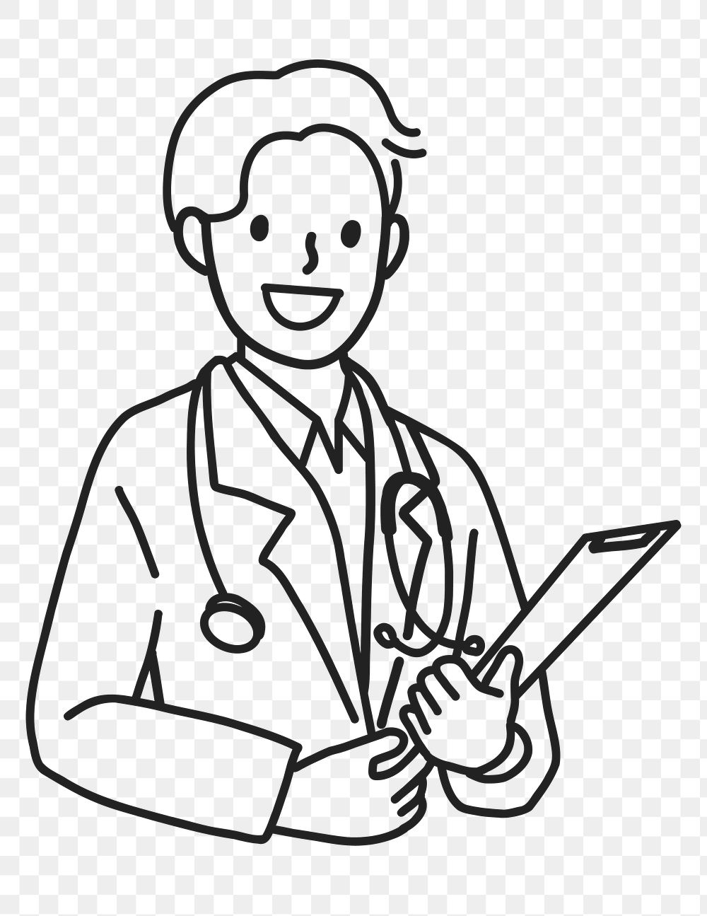 PNG Happy male doctor with stethoscope medical report line art sticker, transparent background