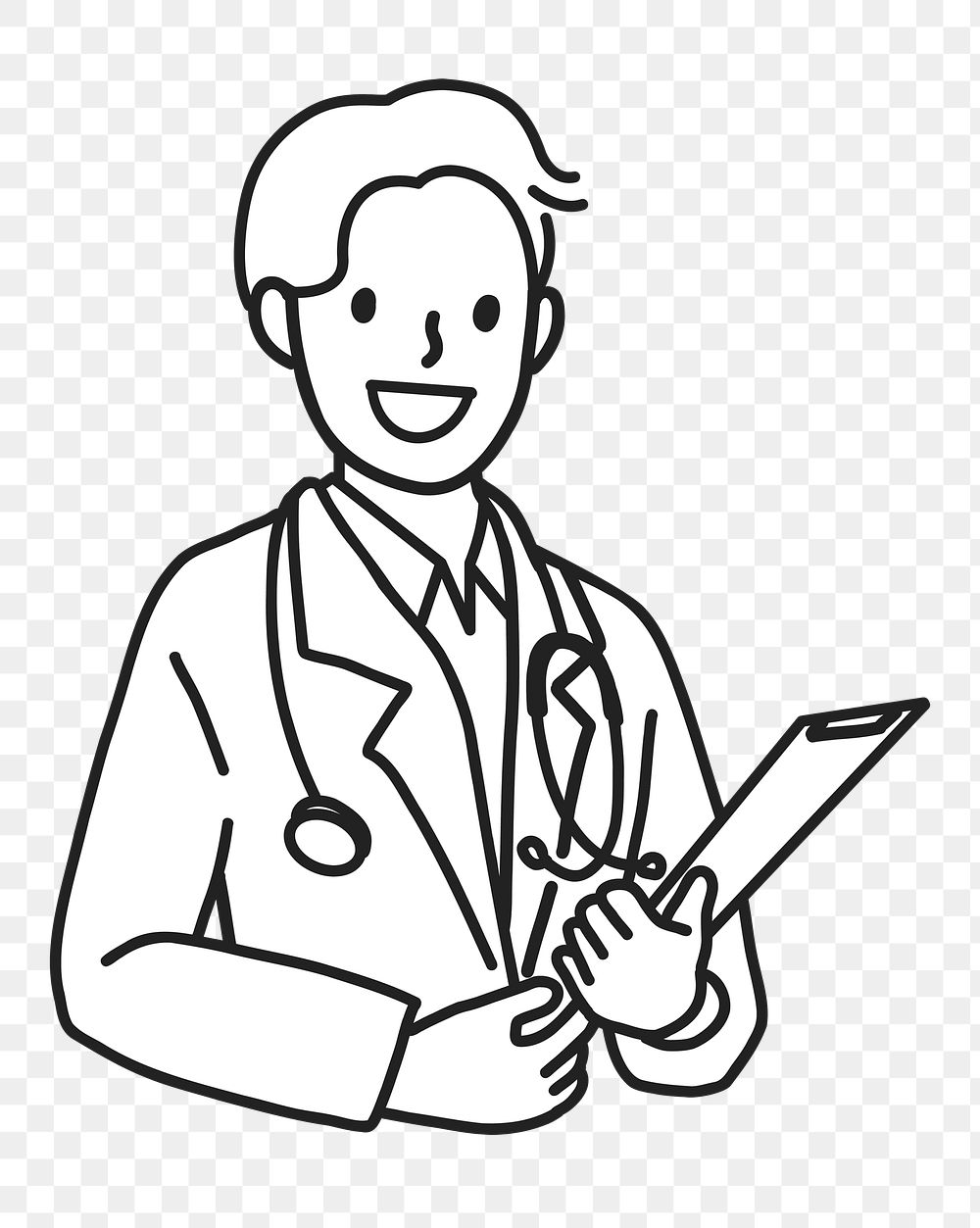 PNG Happy male doctor with stethoscope medical report flat line, collage element, transparent background