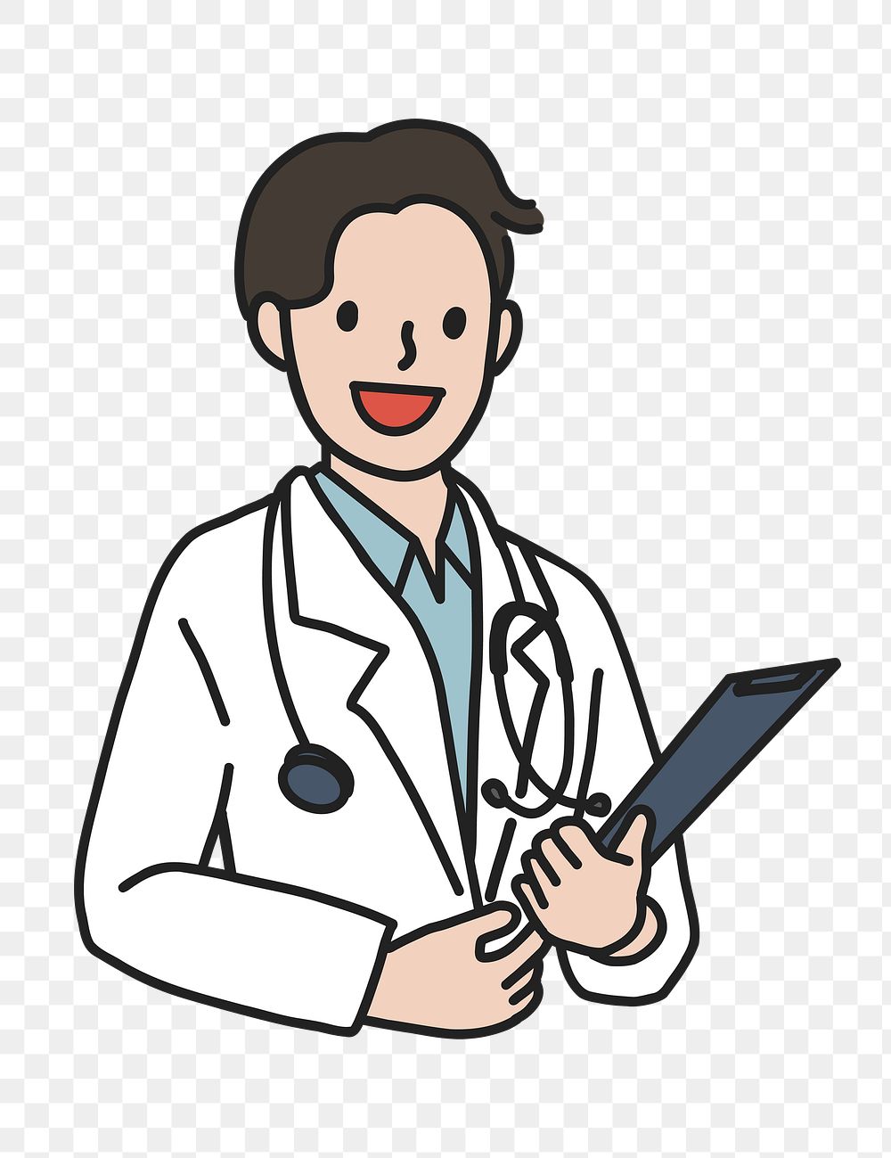 PNG Happy male doctor with stethoscope medical report sticker, transparent background