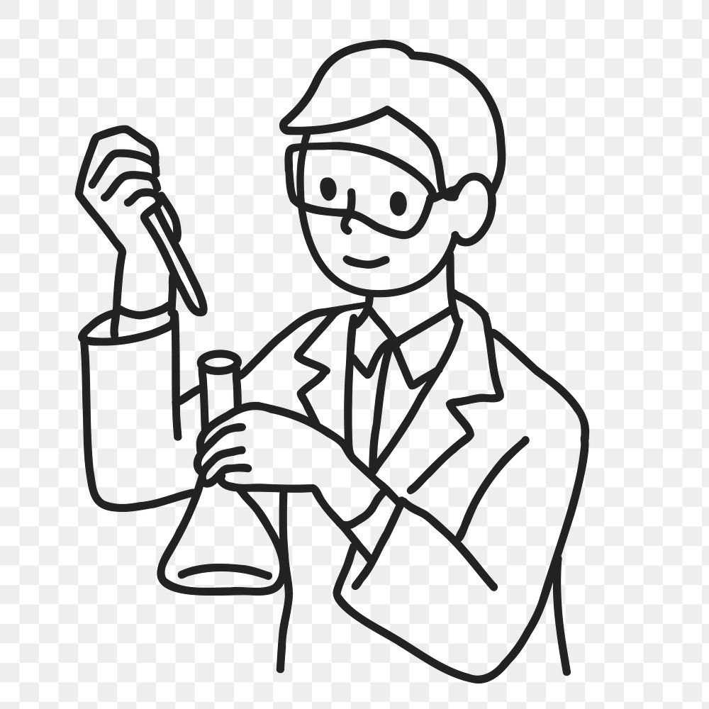 PNG Young male scientist working in lab line art, collage element, transparent background
