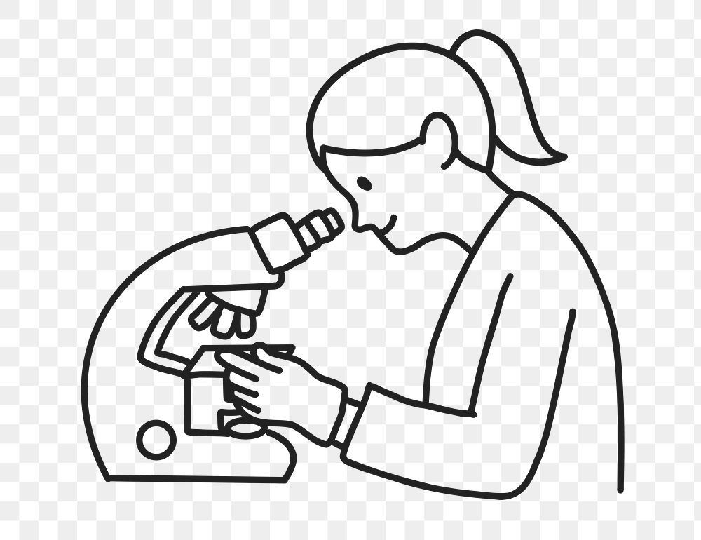 PNG Female lab technician looking through microscope in laboratory line drawing sticker, transparent background