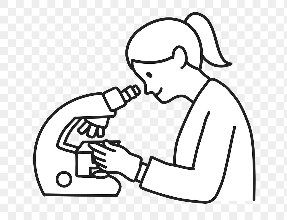 PNG Female lab technician looking through microscope in laboratory line art, collage element, transparent background