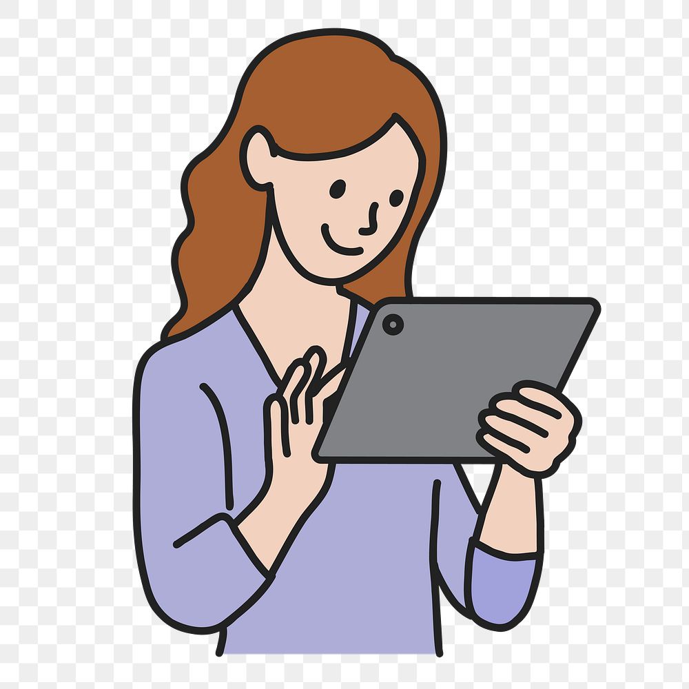 PNG Woman using digital tablet sticker, transparent background