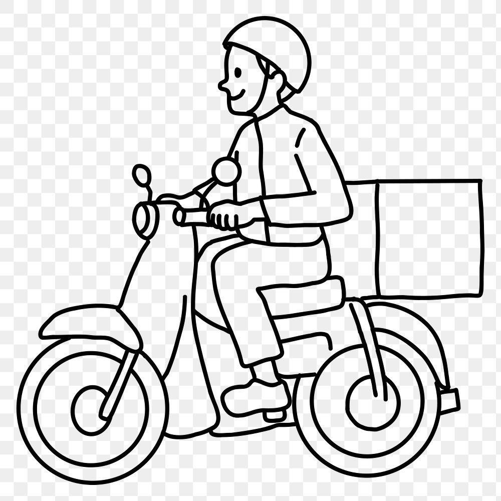 PNG Delivery man on motorcycle line drawing sticker, transparent background