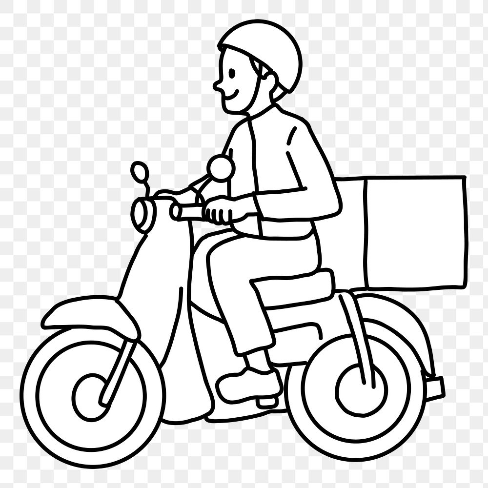 PNG Delivery man on motorcycle line art sticker, transparent background