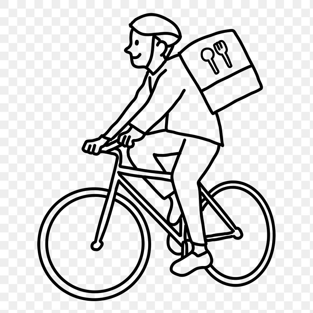 PNG Bicycle food delivery man line art, collage element, transparent background