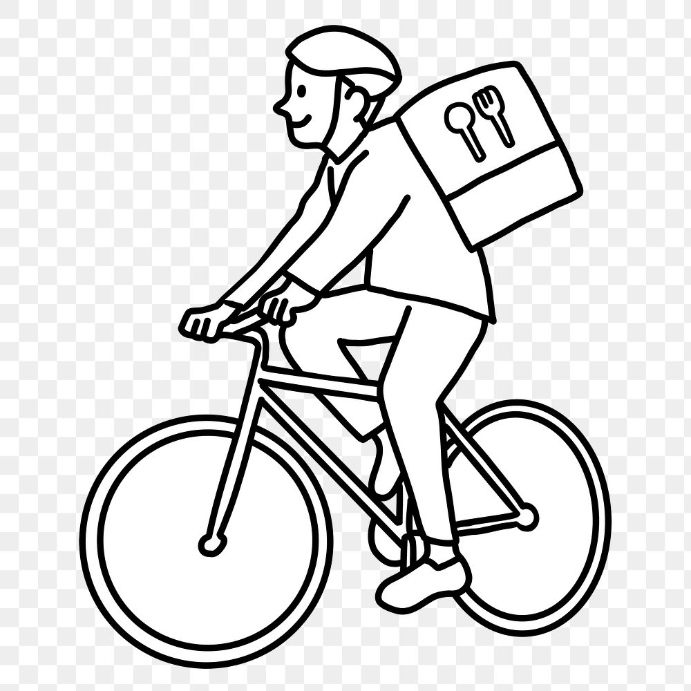 PNG Bicycle food delivery man flat line sticker, transparent background