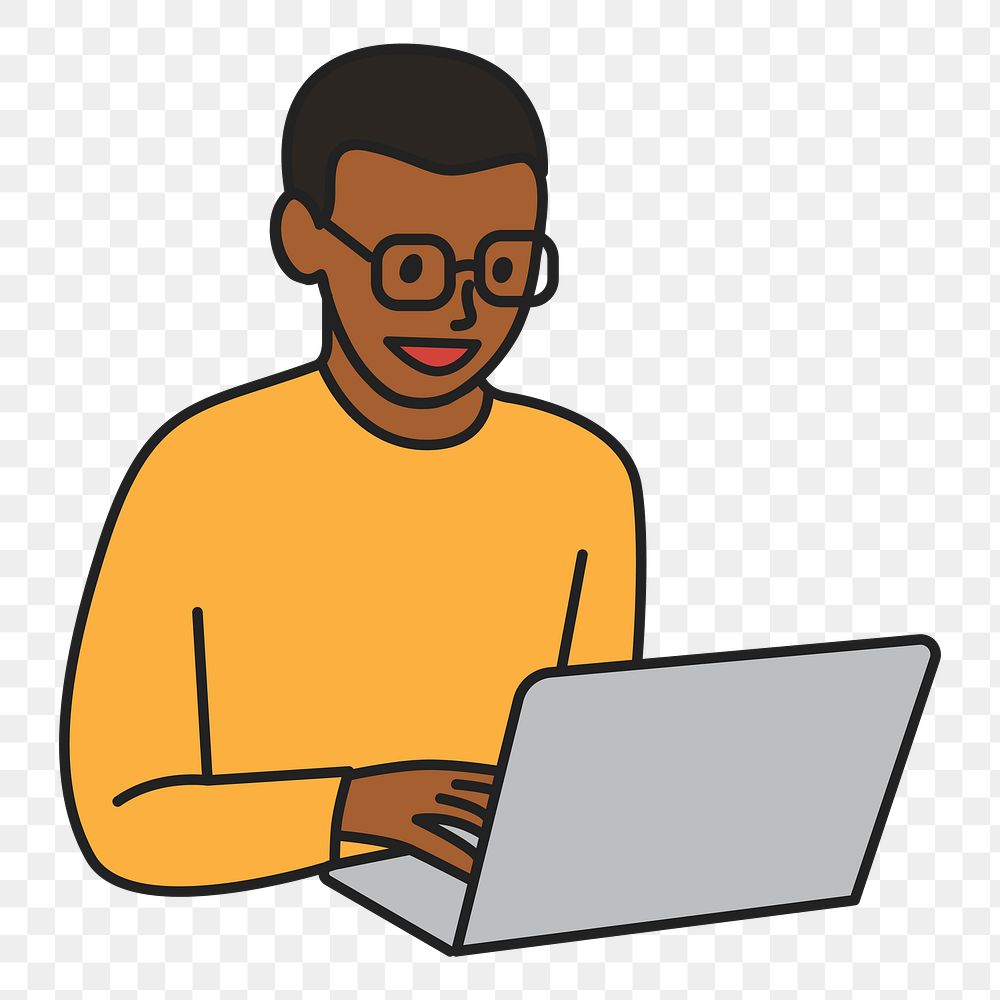 PNG African man using laptop computer, collage element, transparent background