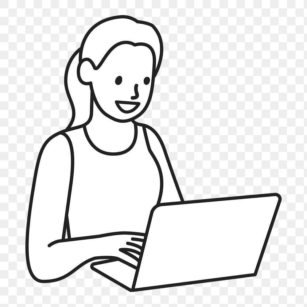 PNG Woman using notebook computer line art sticker, transparent background