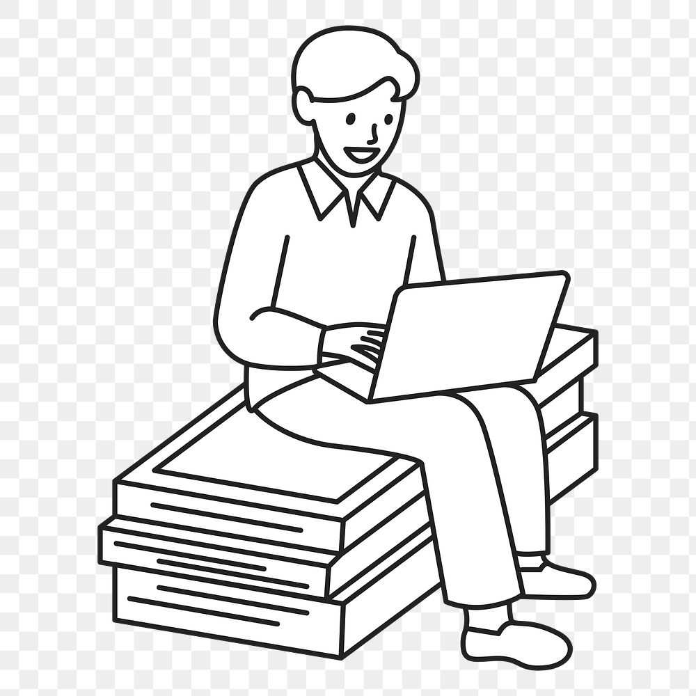 PNG Man employee working on laptop in relaxing workspace line drawing sticker, transparent background
