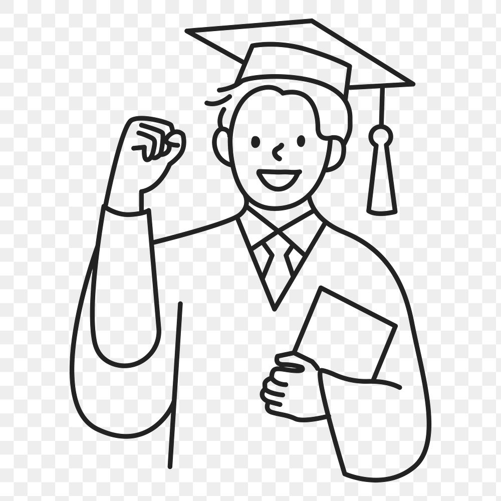 PNG Male graduate student in graduation gown holding diploma line drawing sticker, transparent background