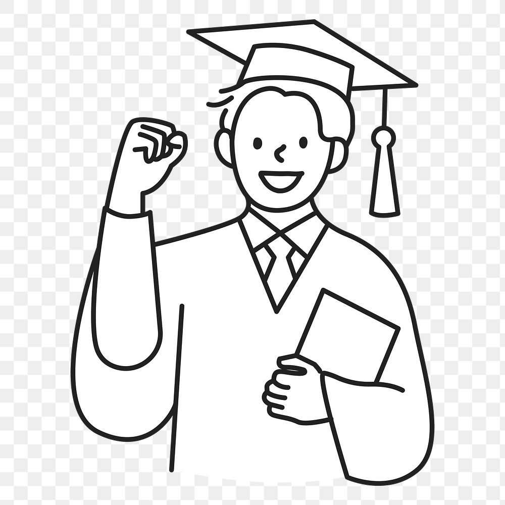 PNG Male graduate student in graduation gown holding diploma flat line sticker, transparent background
