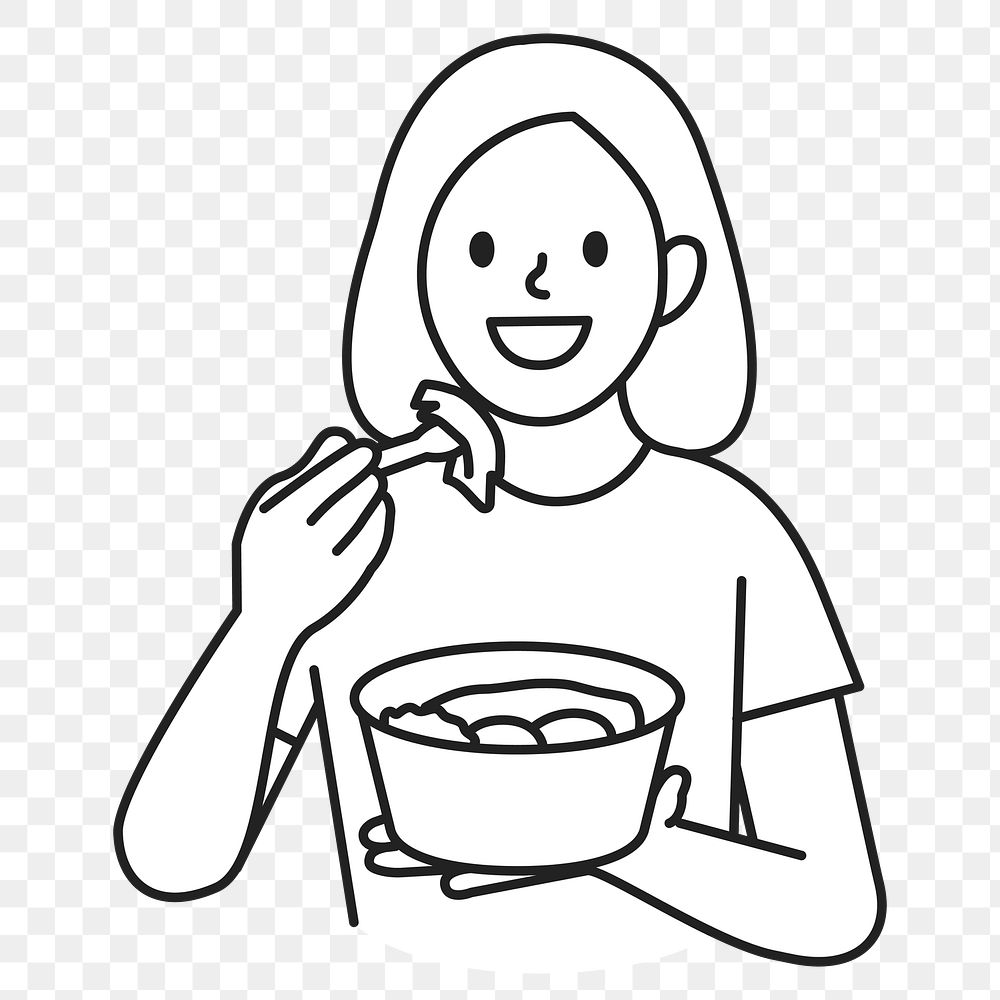 PNG Young woman eating delivery food flat line sticker, transparent background